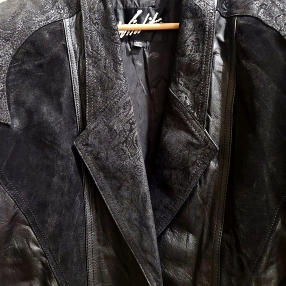 Winlit ✦ 80s Black Genuine Leather Trench Coat ✦ Paneled Longline Vintage Broad - Picture 9 of 16